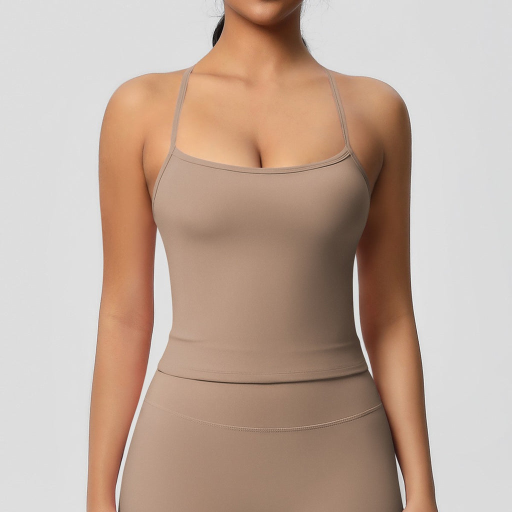 Brushed Strappy Open Back Fitted Yoga Tank - Mocha
