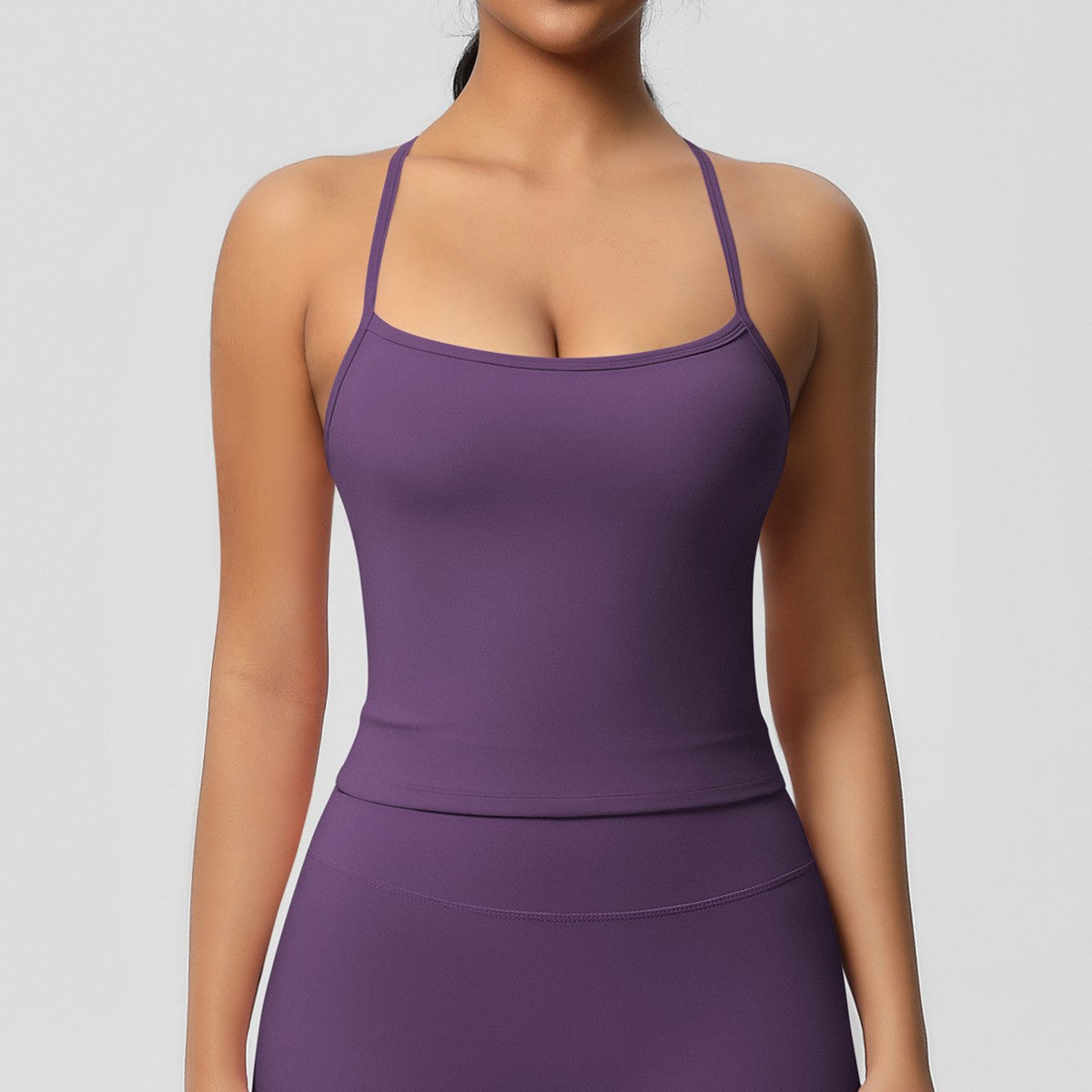Brushed Strappy Open Back Fitted Yoga Tank - Purple