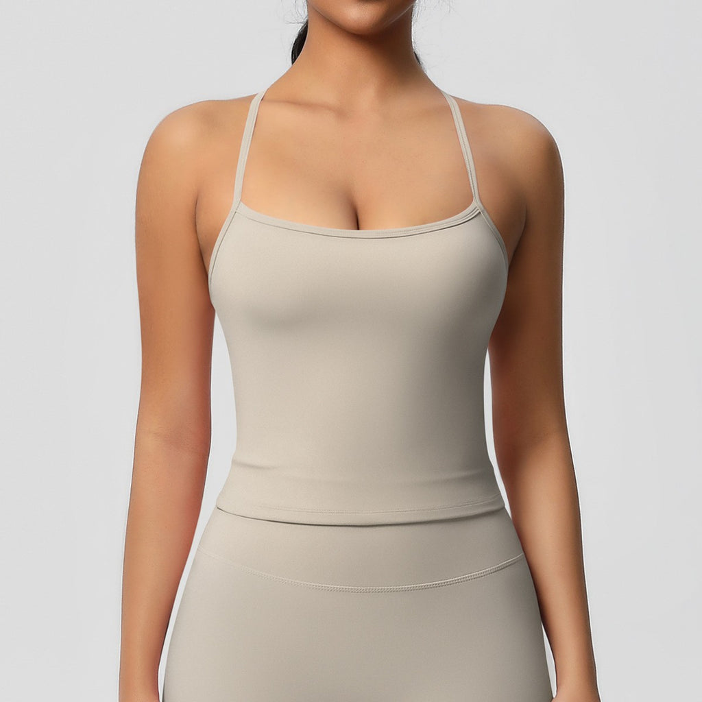 Brushed Strappy Open Back Fitted Yoga Tank - Sand