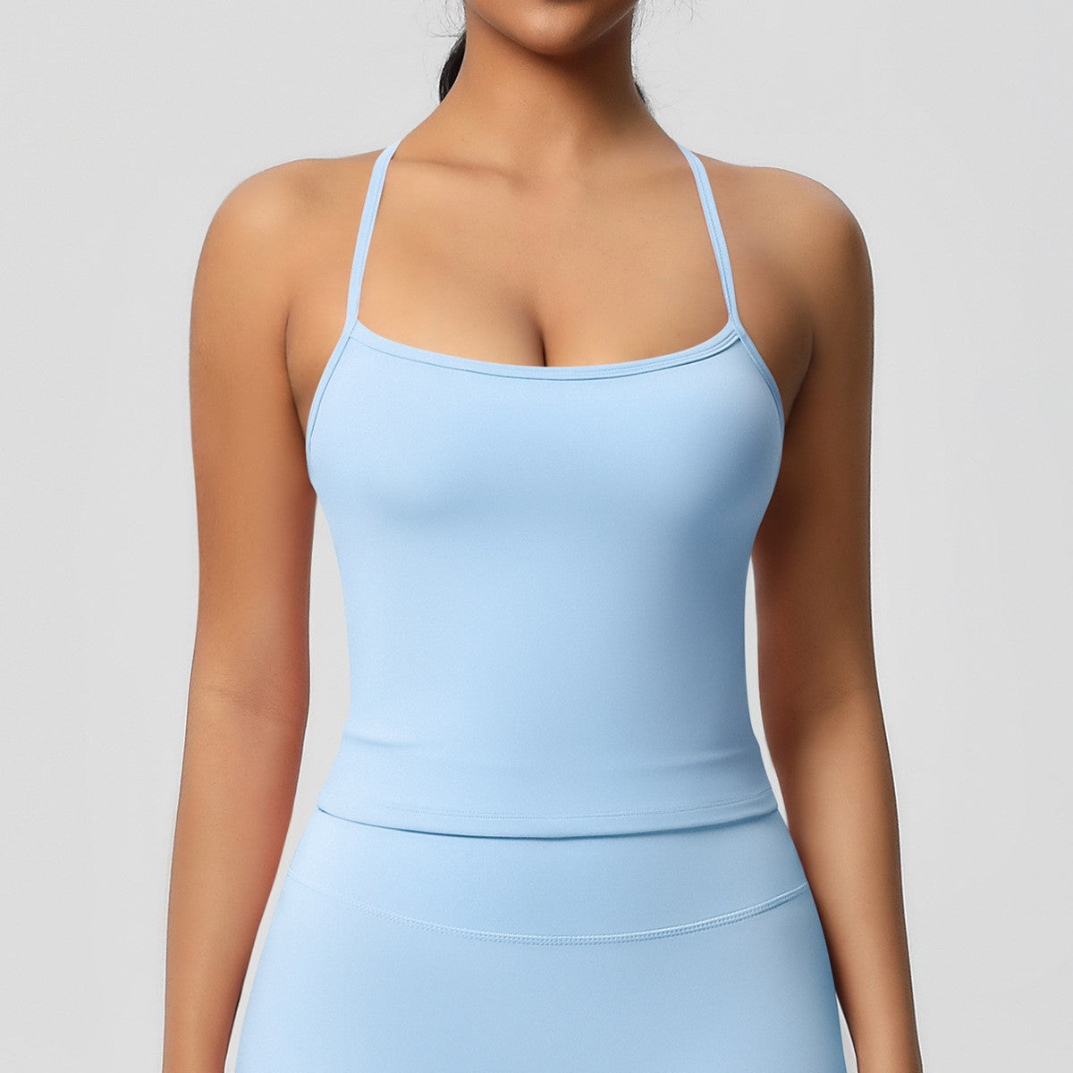 Brushed Strappy Open Back Fitted Yoga Tank - Sky Blue