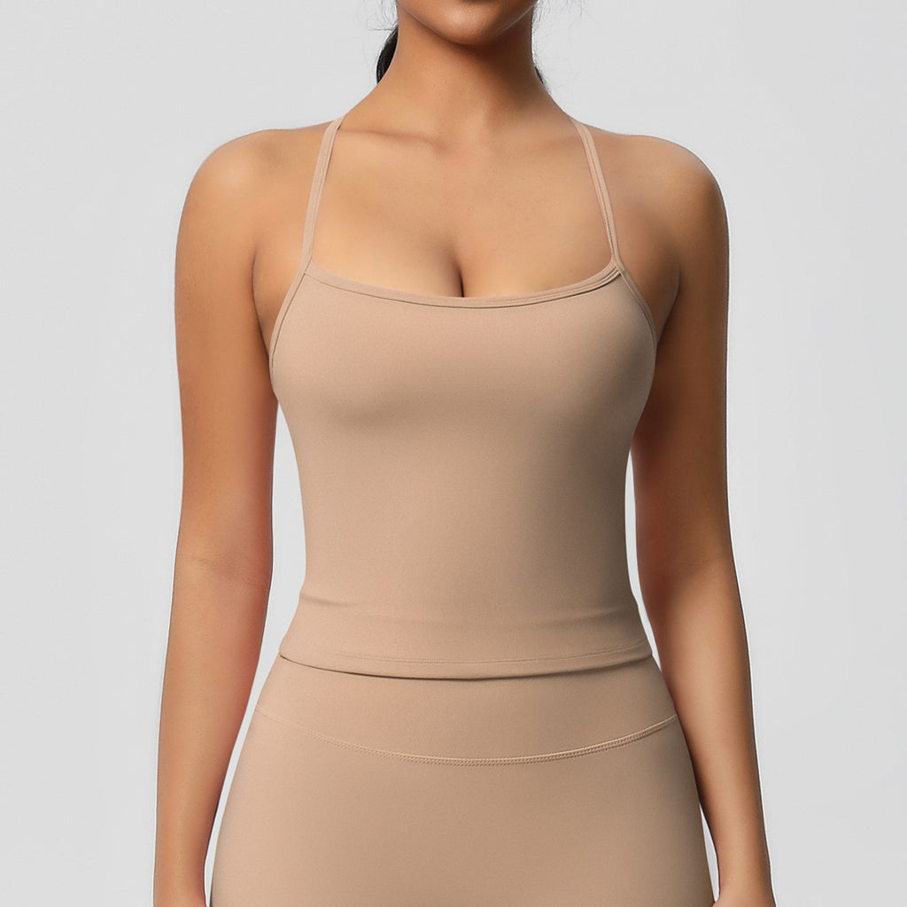 Brushed Strappy Open Back Fitted Yoga Tank - Tan