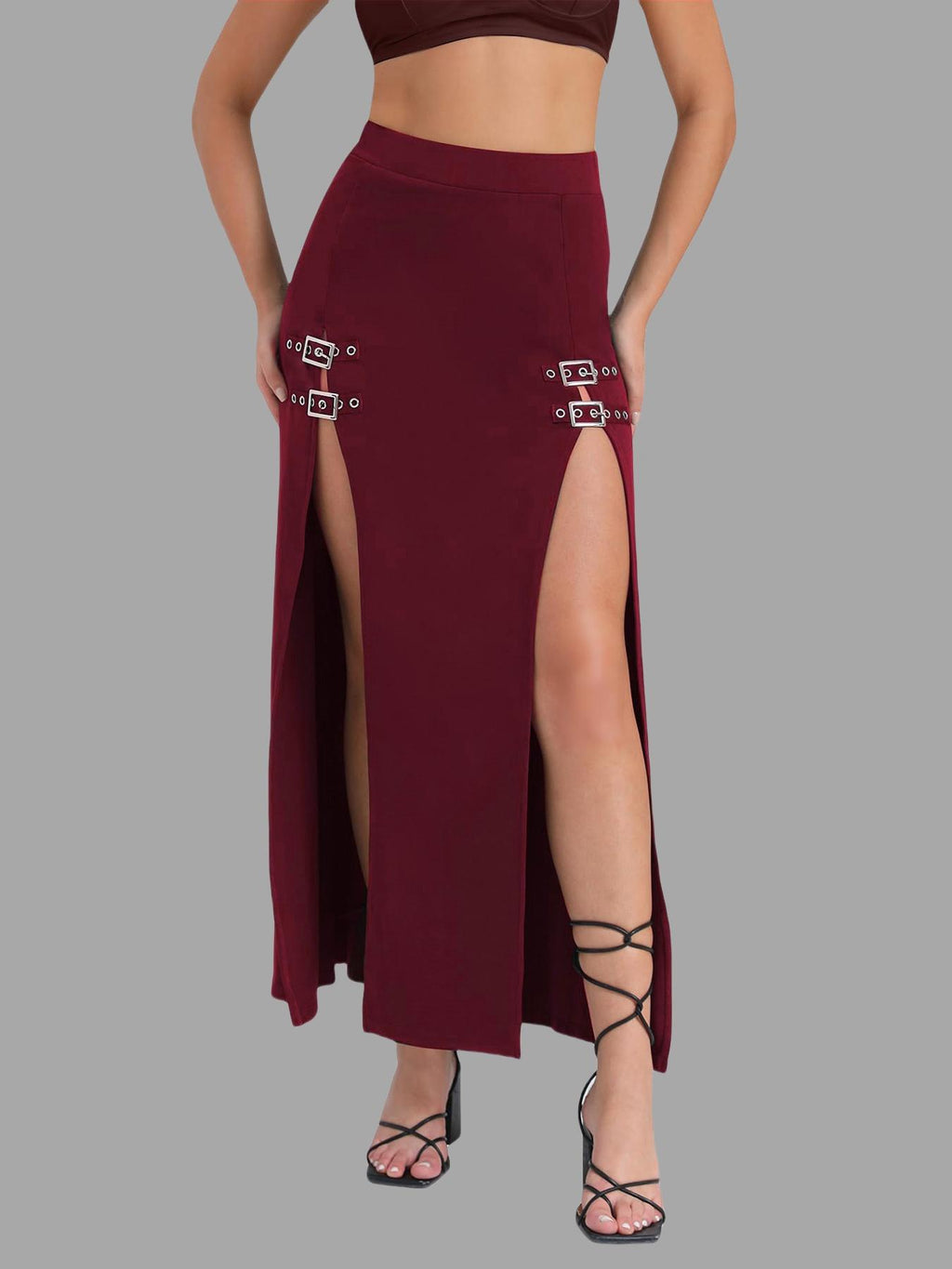 Buckle Trim Double Slit Maxi Skirt - DeepRed