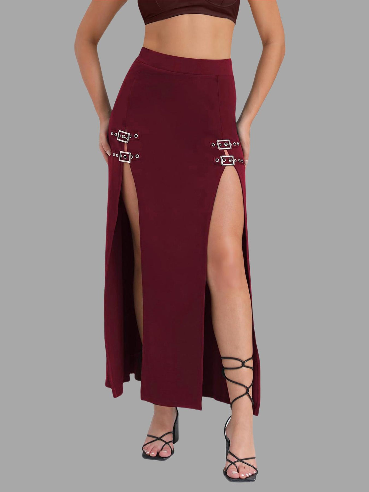 Buckle Trim Double Slit Maxi Skirt - DeepRed