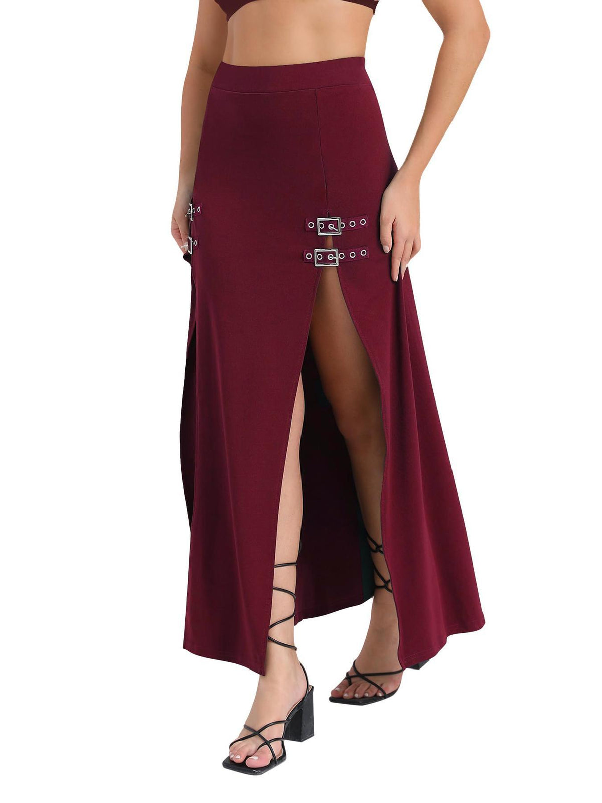 Buckle Trim Double Slit Maxi Skirt - DeepRed - 1