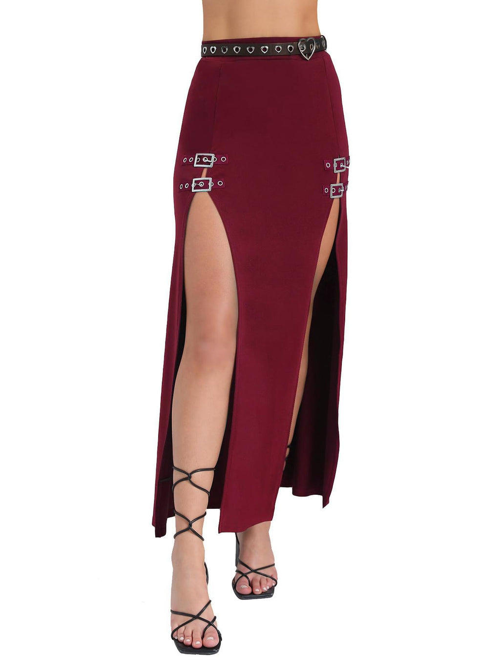 Buckle Trim Double Slit Maxi Skirt - DeepRed - 2