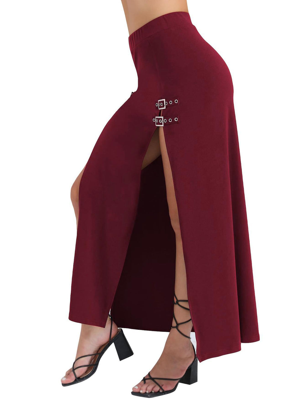 Buckle Trim Double Slit Maxi Skirt - DeepRed - 3