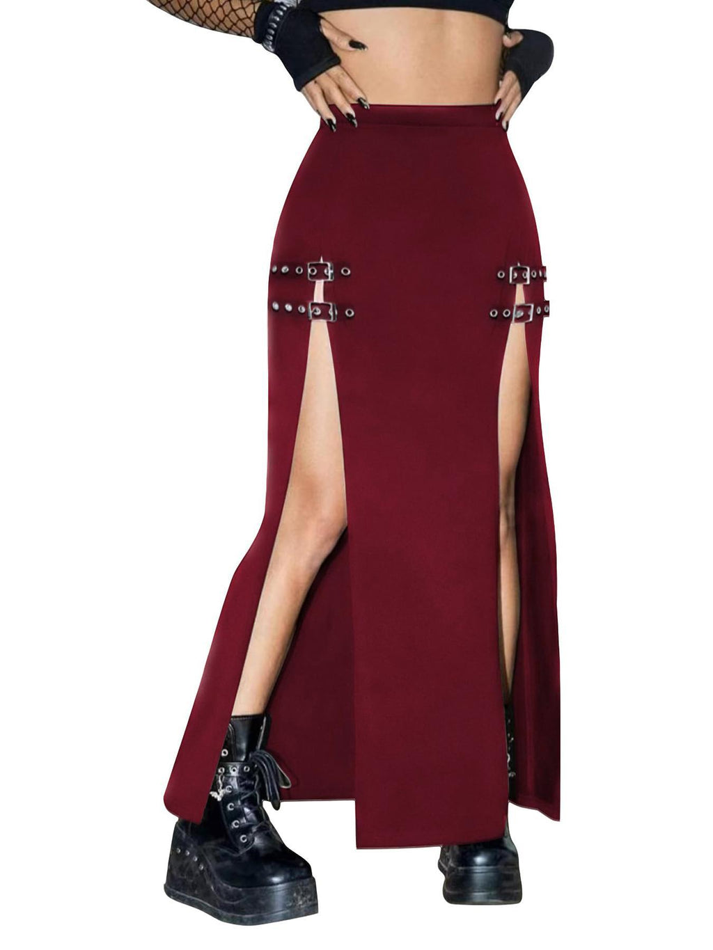 Buckle Trim Double Slit Maxi Skirt - DeepRed - 6