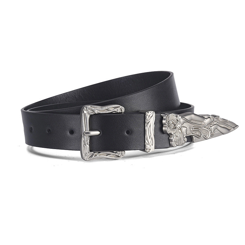 Engraved Western Buckle Faux Leather Belt - Black