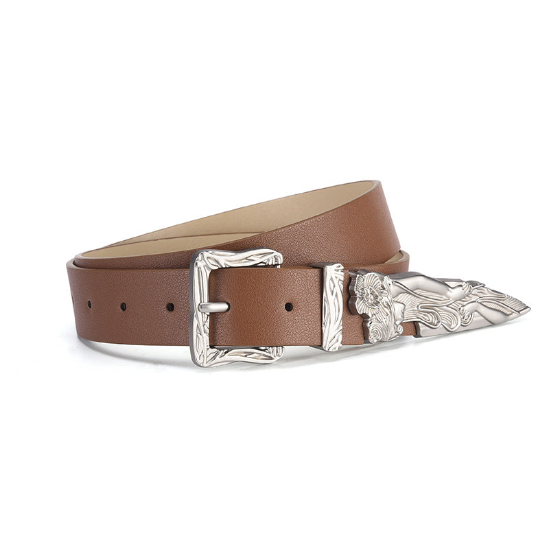 Engraved Western Buckle Faux Leather Belt - Camel