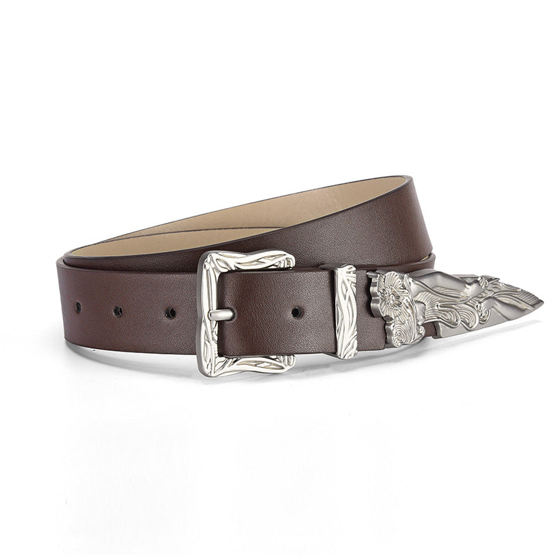 Engraved Western Buckle Faux Leather Belt - Coffee