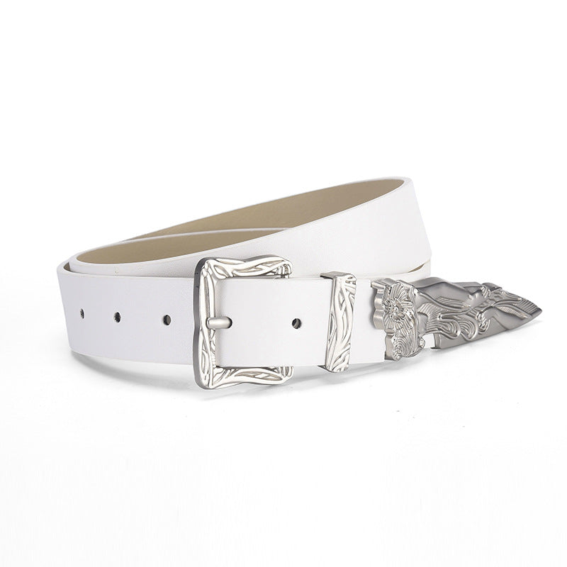 Engraved Western Buckle Faux Leather Belt - White