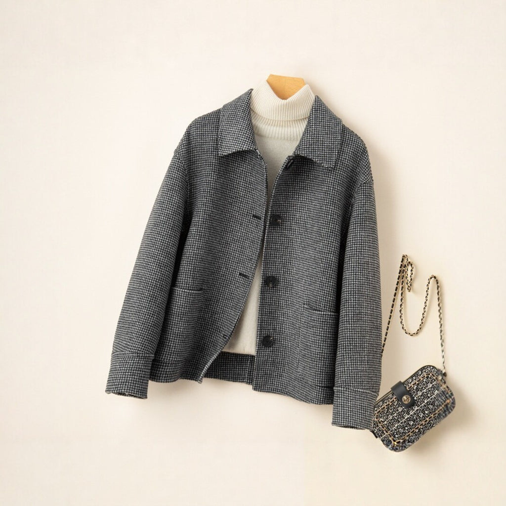 Black Houndstooth Wool Shirt Collar Short Coat