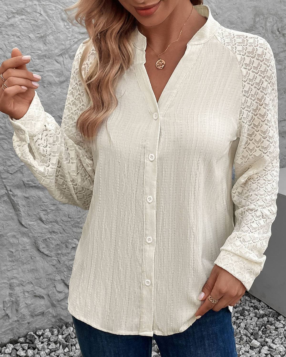 Lace Panel Sleeve Crinkle Texture Shirt - Apricot