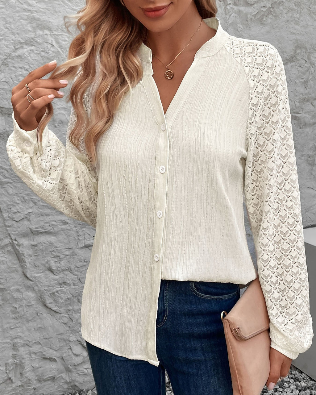 Lace Panel Sleeve Crinkle Texture Shirt - Apricot - 2