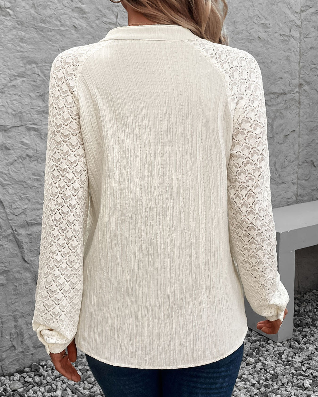 Lace Panel Sleeve Crinkle Texture Shirt - Apricot - 3