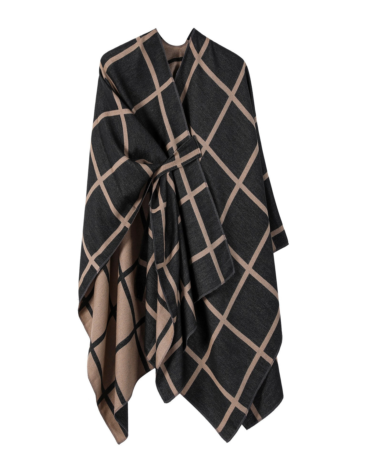 Windowpane Plaid Side Tie Blanket Cape - BlackBrown