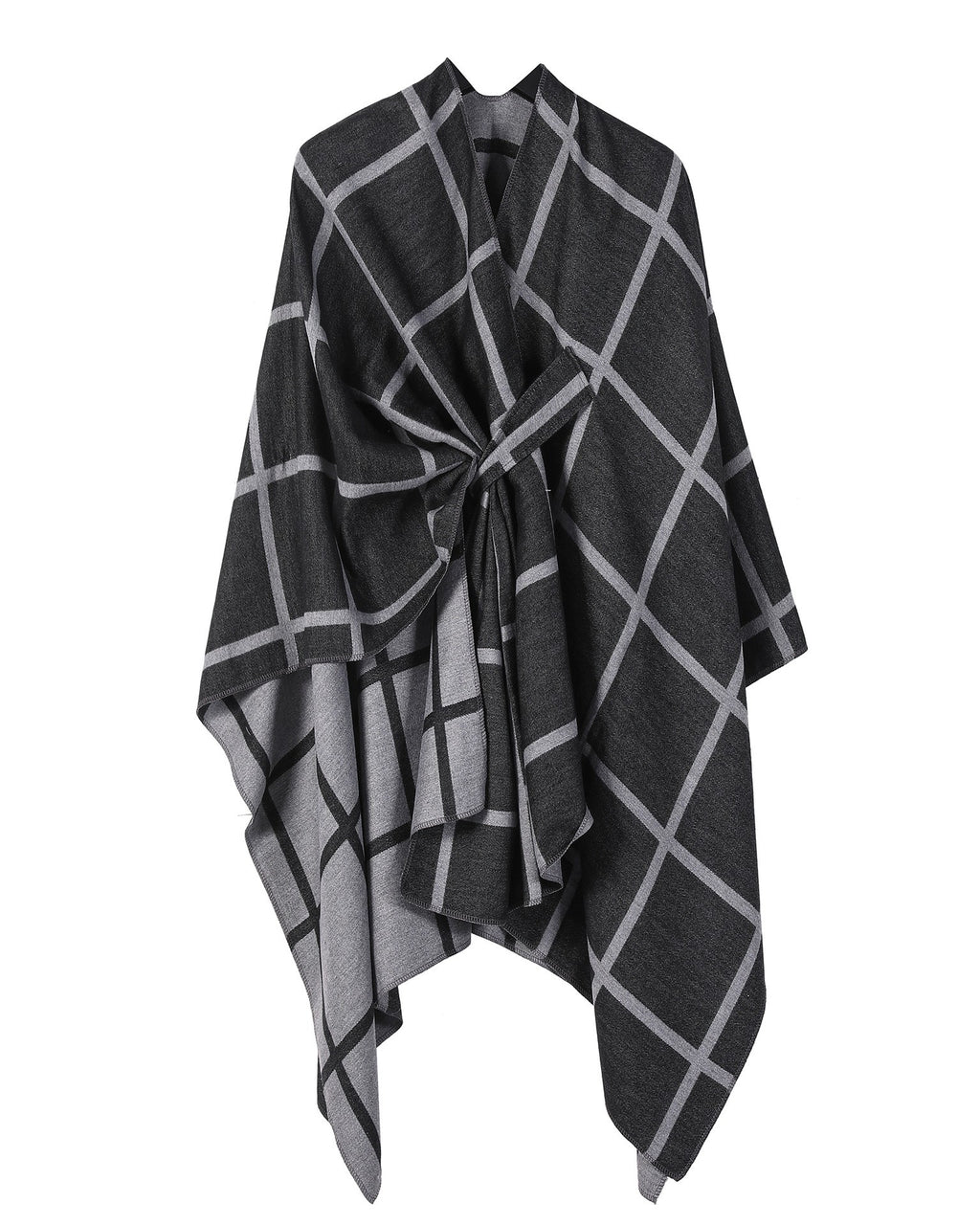 Windowpane Plaid Side Tie Blanket Cape - BlackGrey