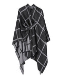 Windowpane Plaid Side Tie Blanket Cape - BlackGrey