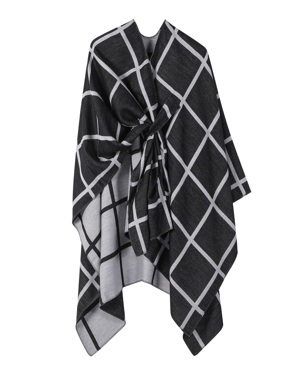 Windowpane Plaid Side Tie Blanket Cape - BlackWhite