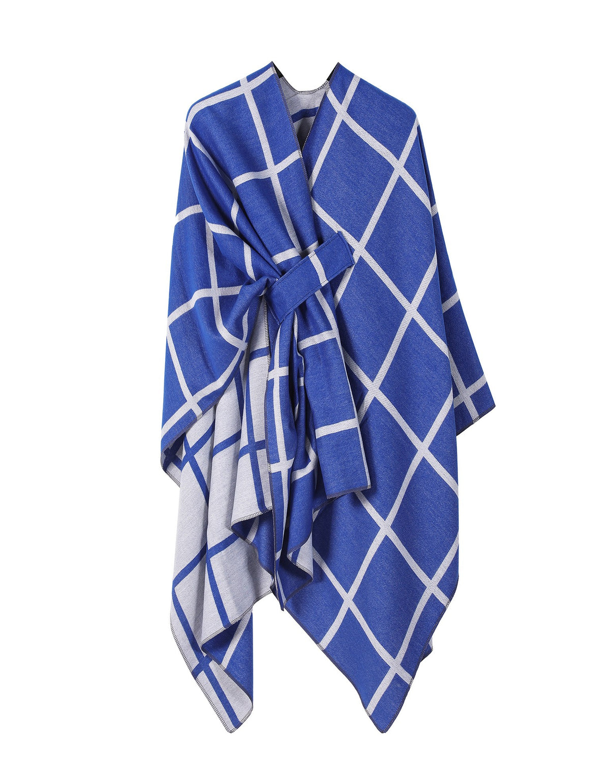 Windowpane Plaid Side Tie Blanket Cape - Blue