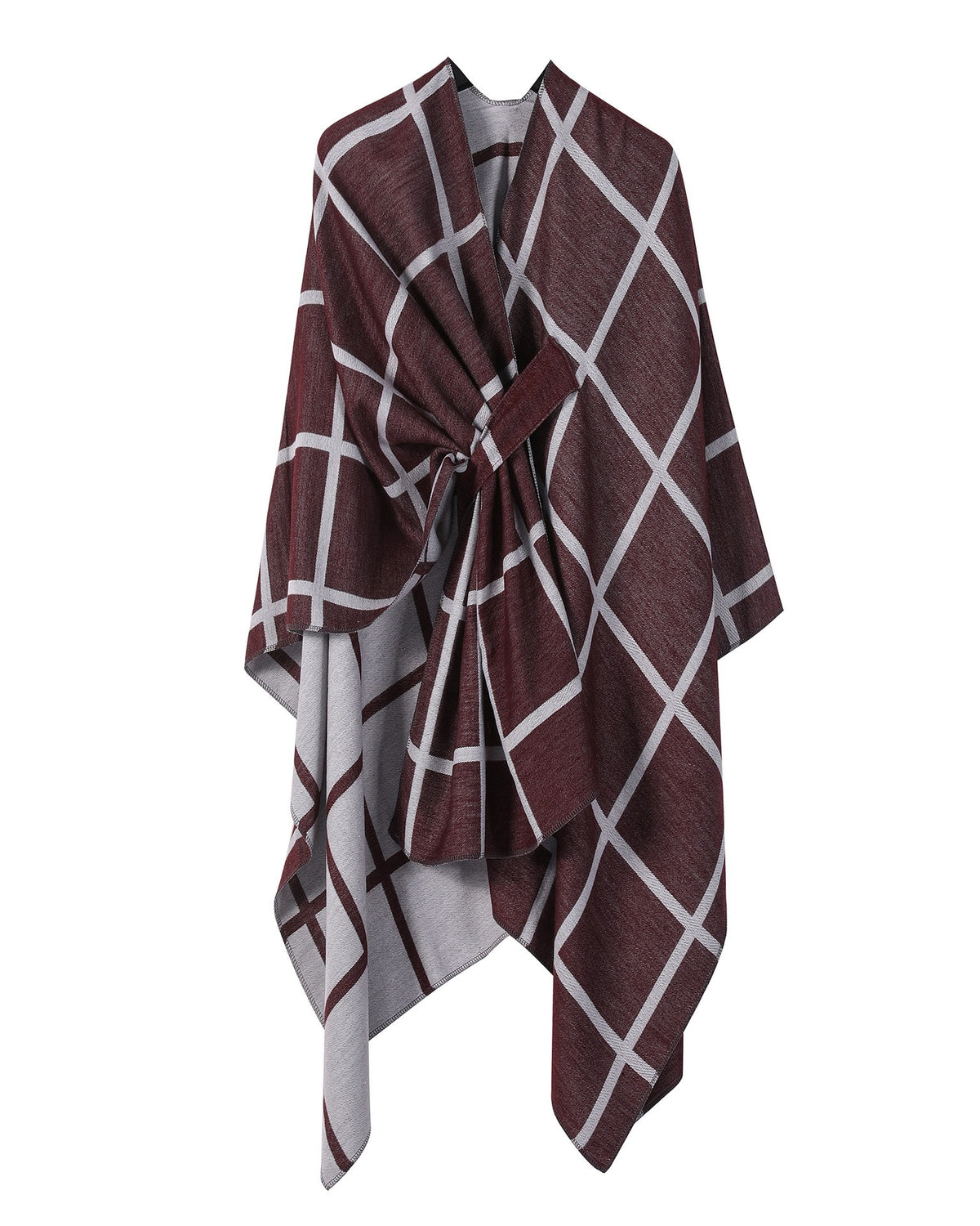 Windowpane Plaid Side Tie Blanket Cape - Coffee