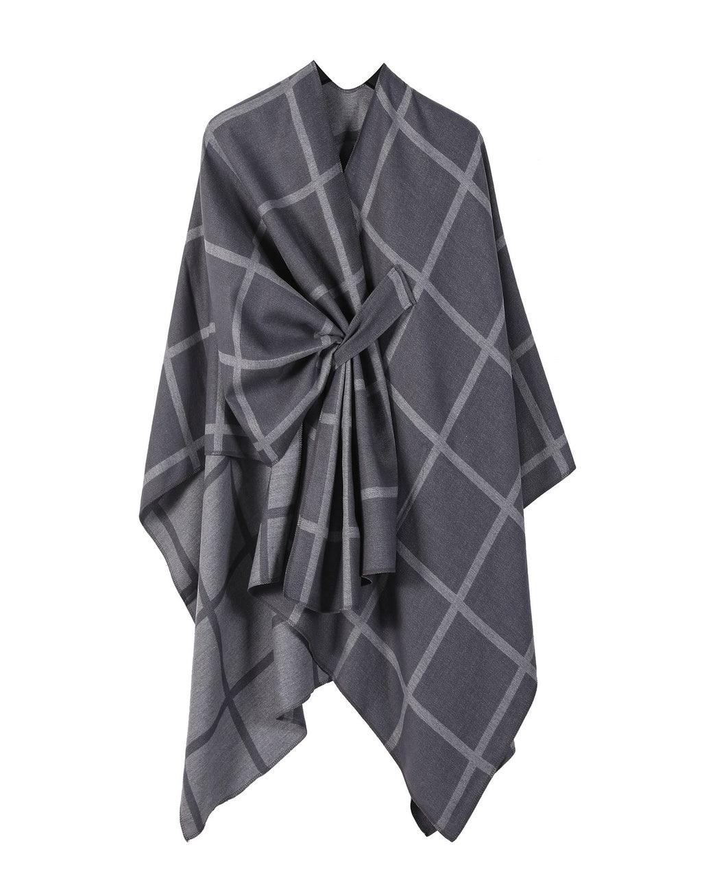 Windowpane Plaid Side Tie Blanket Cape - DarkGrey