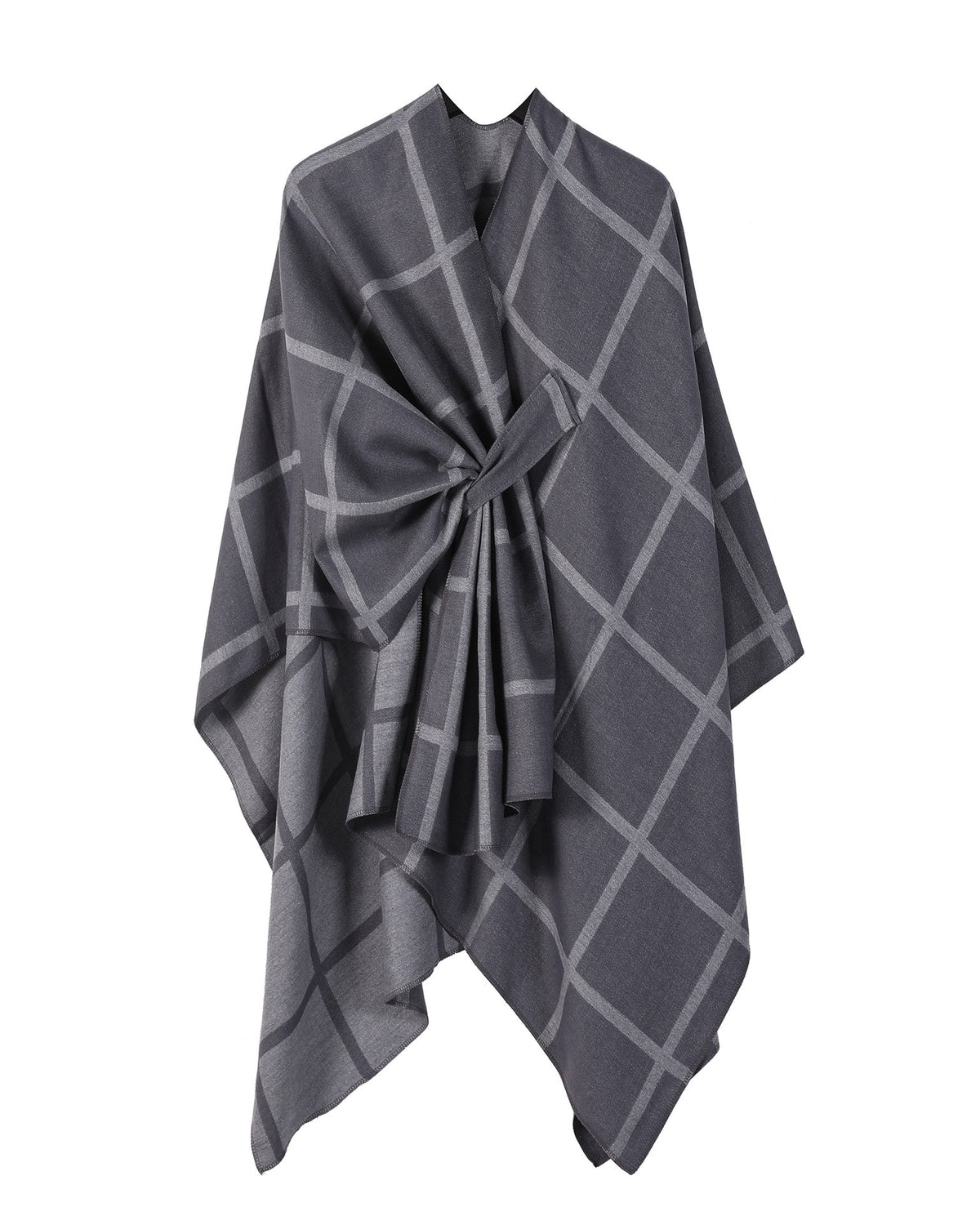 Windowpane Plaid Side Tie Blanket Cape - DarkGrey
