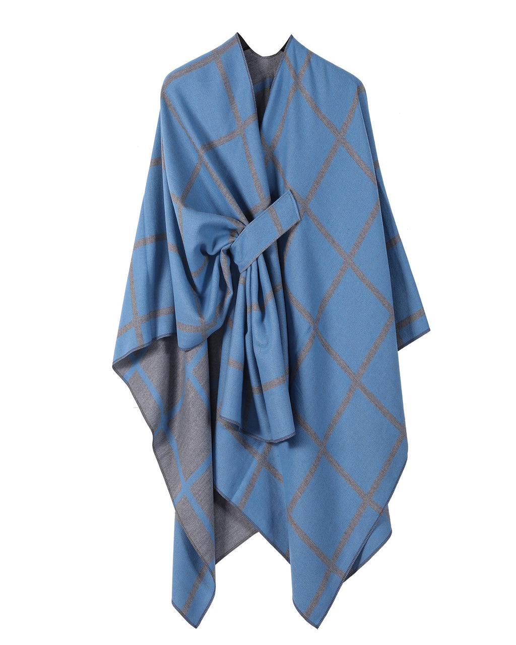 Windowpane Plaid Side Tie Blanket Cape - DeepBlue