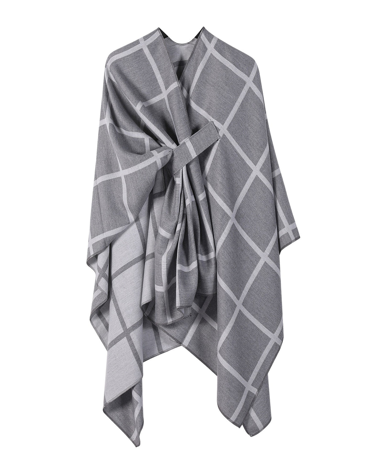 Windowpane Plaid Side Tie Blanket Cape - Grey