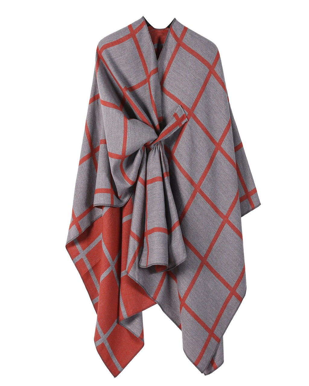 Windowpane Plaid Side Tie Blanket Cape - GreyOrange
