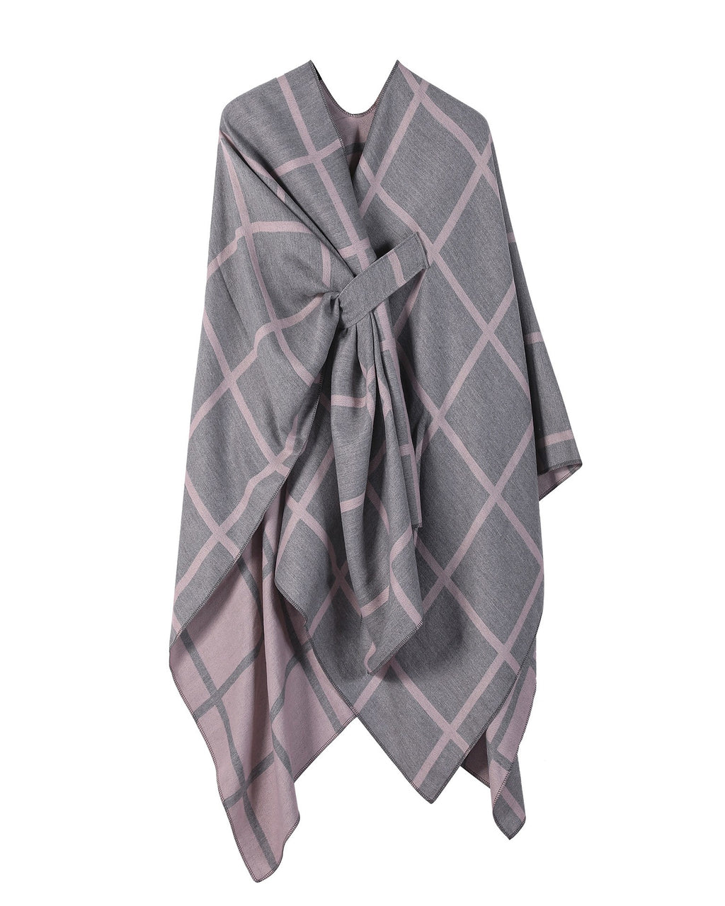 Windowpane Plaid Side Tie Blanket Cape - GreyPink