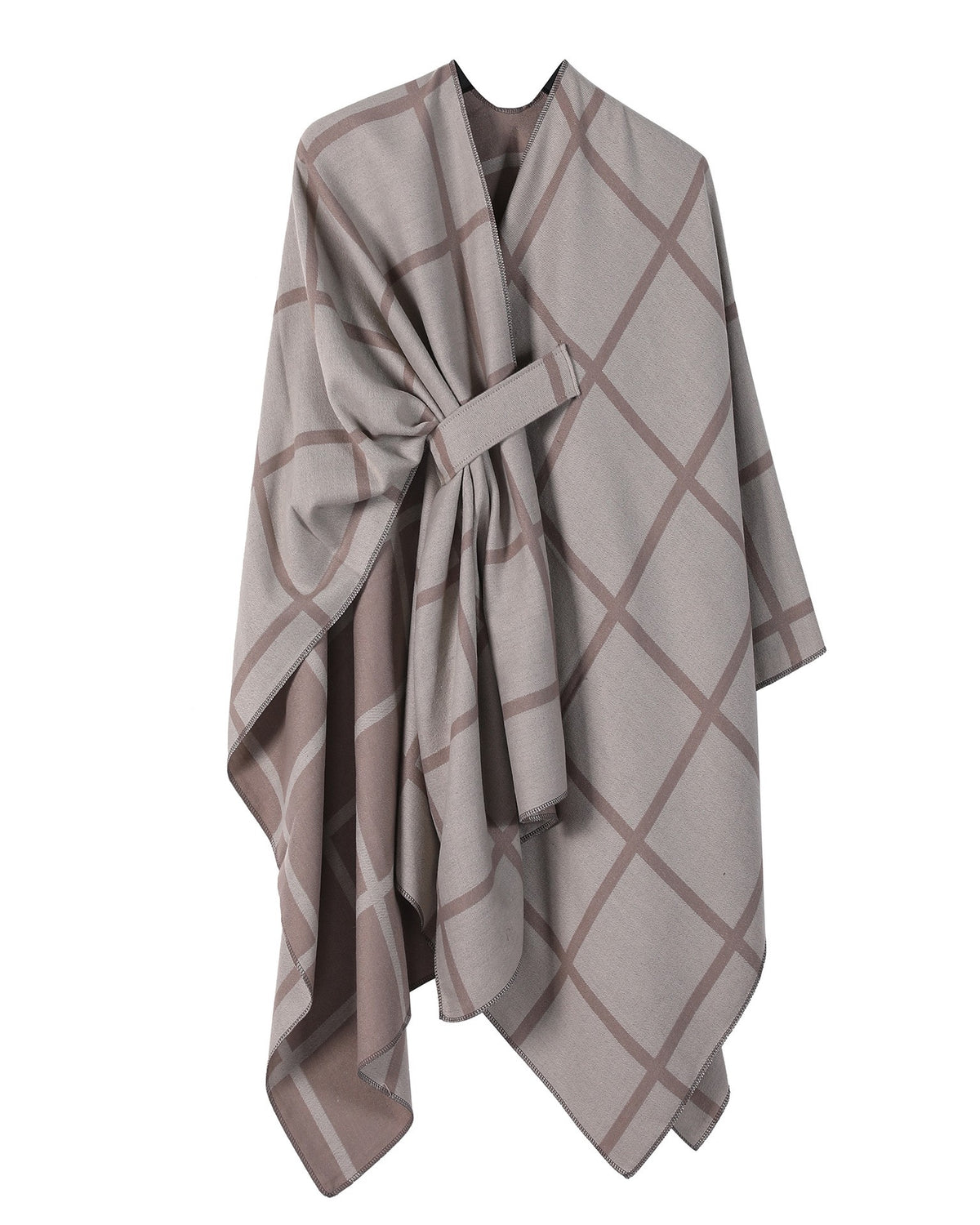 Windowpane Plaid Side Tie Blanket Cape - Khaki