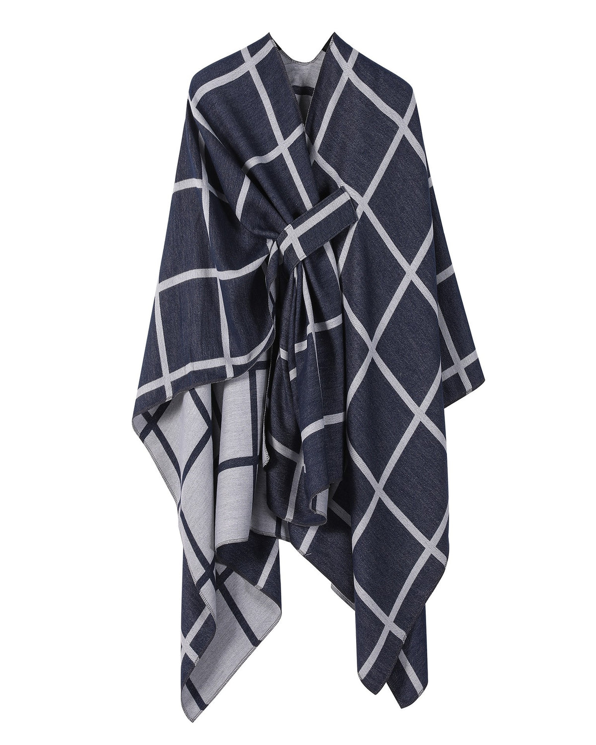 Windowpane Plaid Side Tie Blanket Cape - Navy-Blue