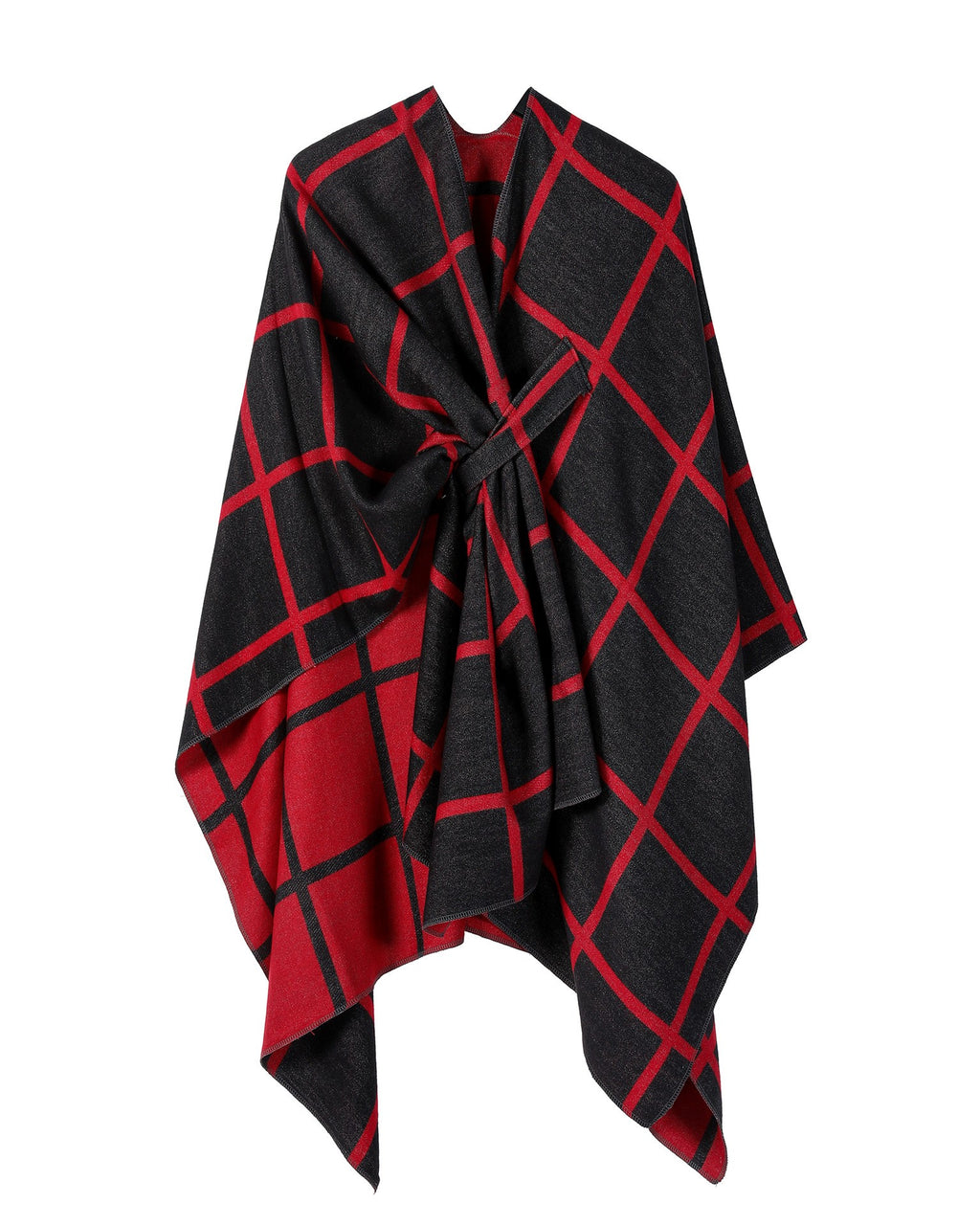 Windowpane Plaid Side Tie Blanket Cape - RedBlack