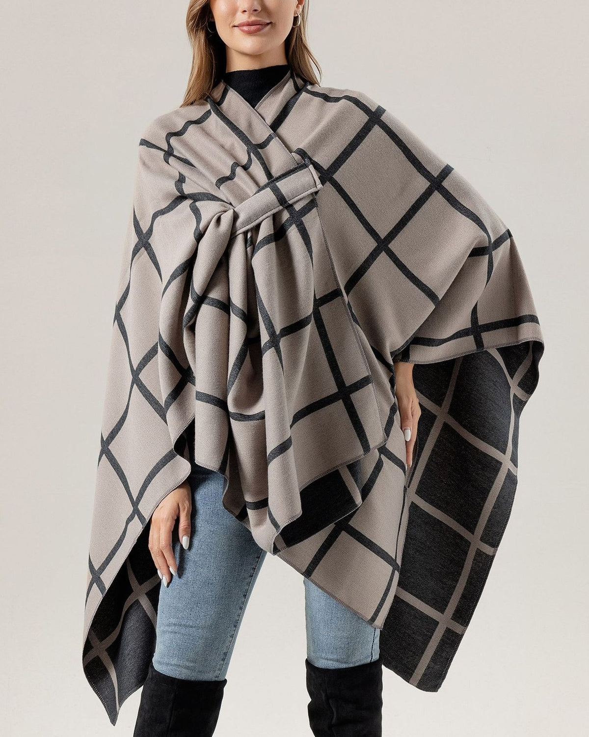 Windowpane Plaid Side Tie Blanket Cape - Yellow