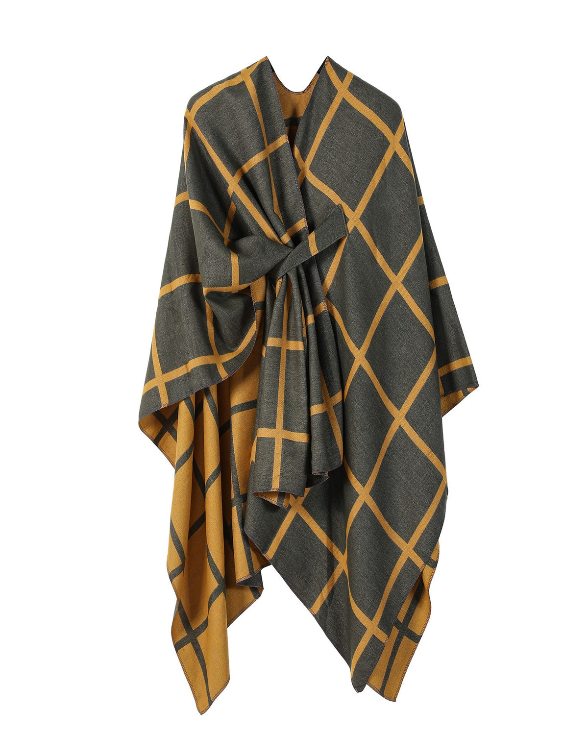 Windowpane Plaid Side Tie Blanket Cape - Yellow - 1