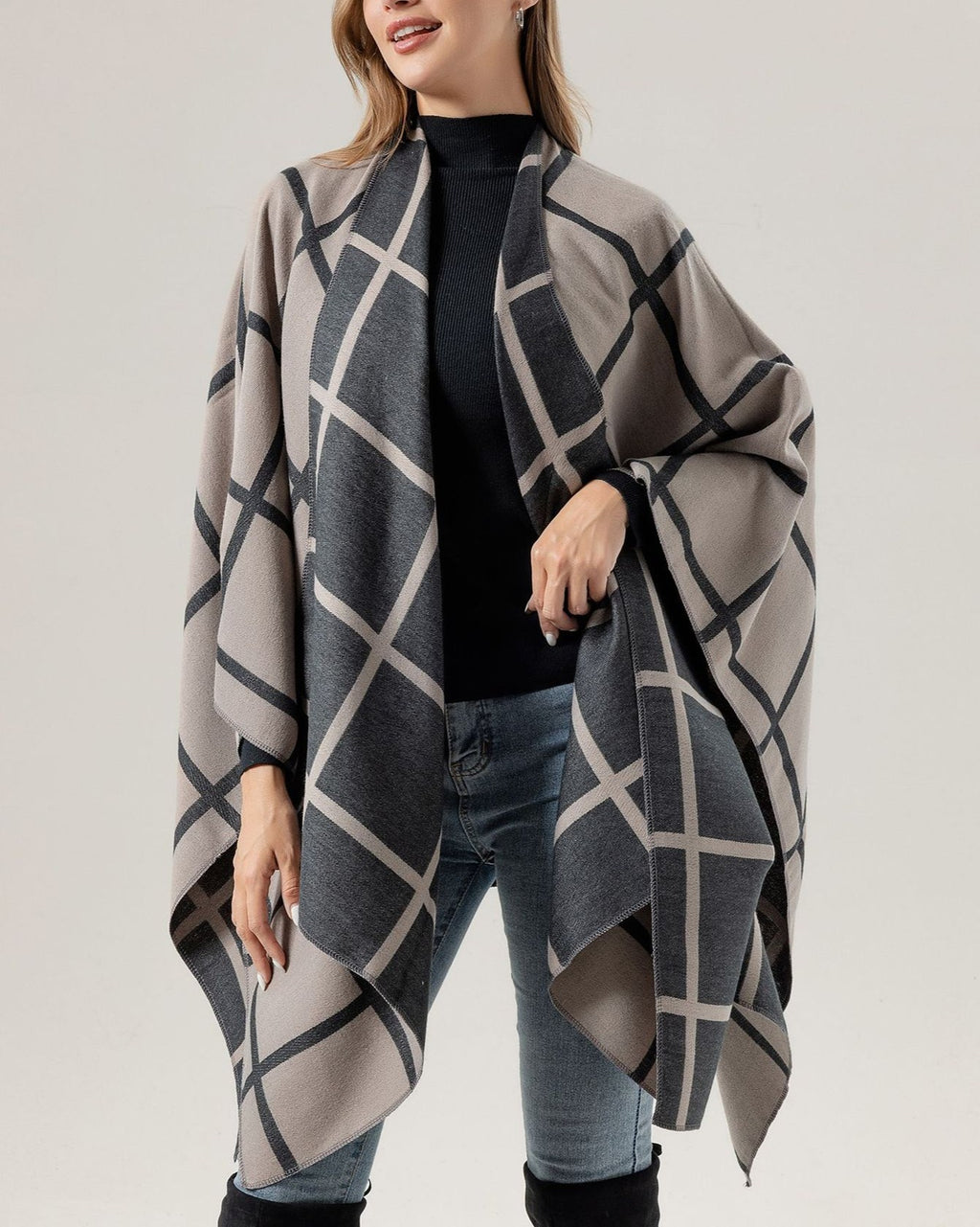 Windowpane Plaid Side Tie Blanket Cape - Yellow - 2