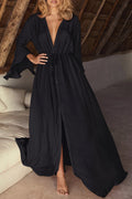 Flared Sleeve Plunge Beach Maxi Dress - Black