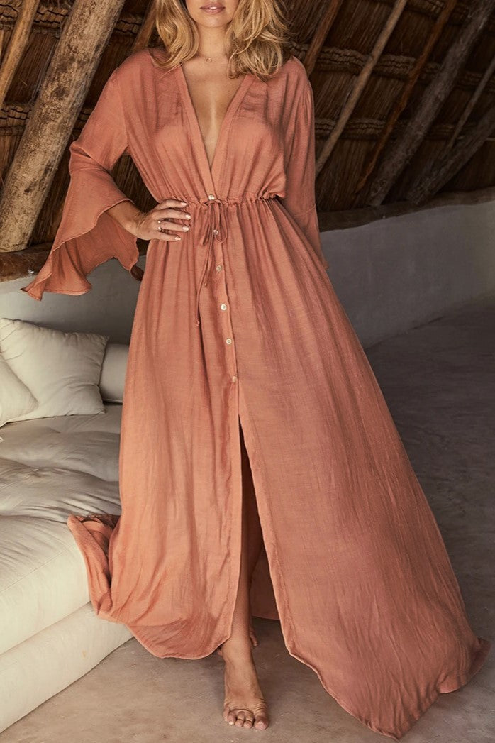 Flared Sleeve Plunge Beach Maxi Dress - Rust