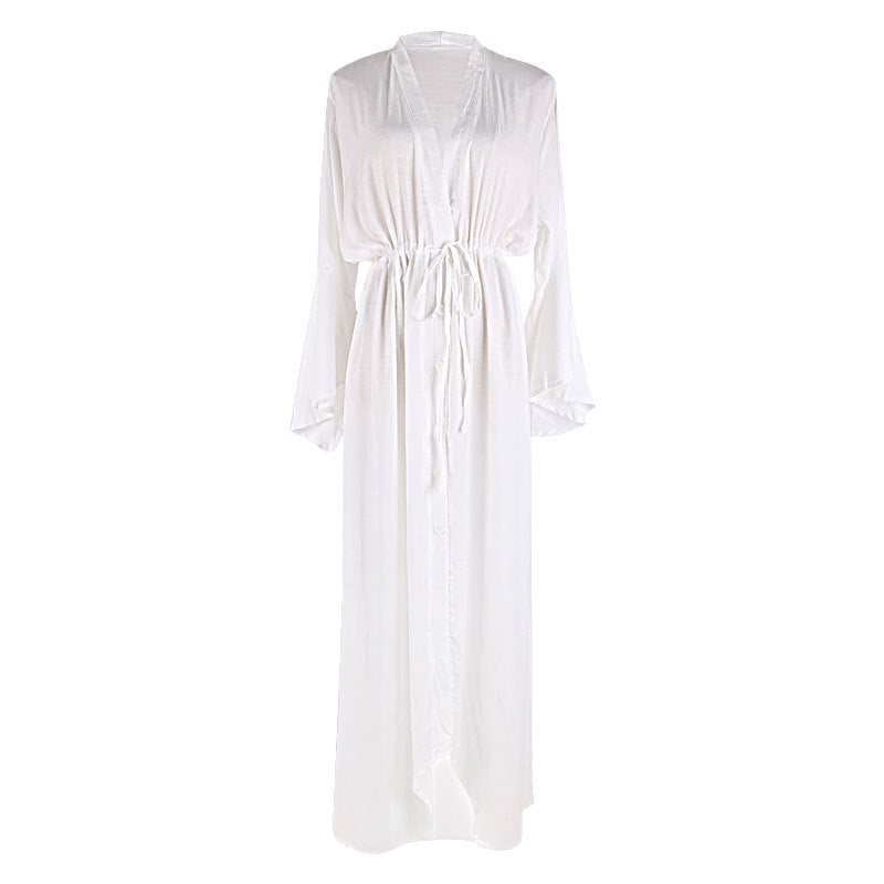 Flared Sleeve Plunge Beach Maxi Dress - White - 9