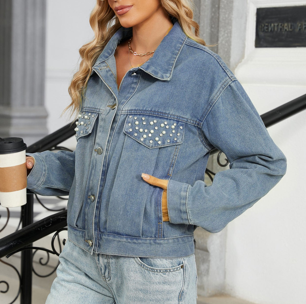 Studded Pocket Cropped Oversized Denim Jacket - Blue - 1