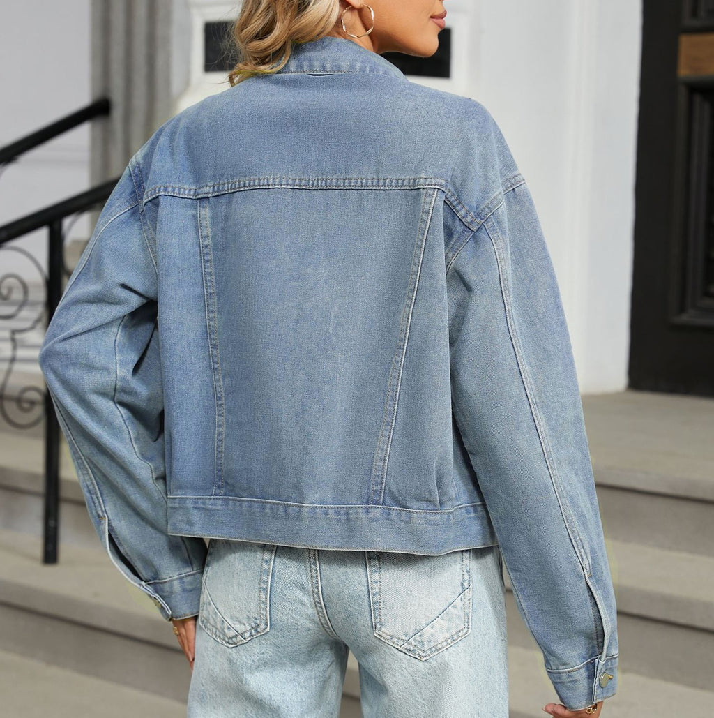 Studded Pocket Cropped Oversized Denim Jacket - Blue - 2