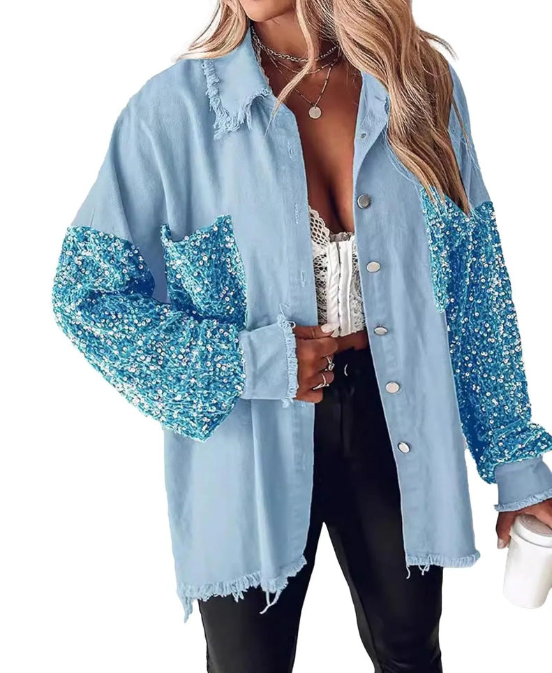 Sequin Sleeve Frayed Hem Denim Shacket - Blue