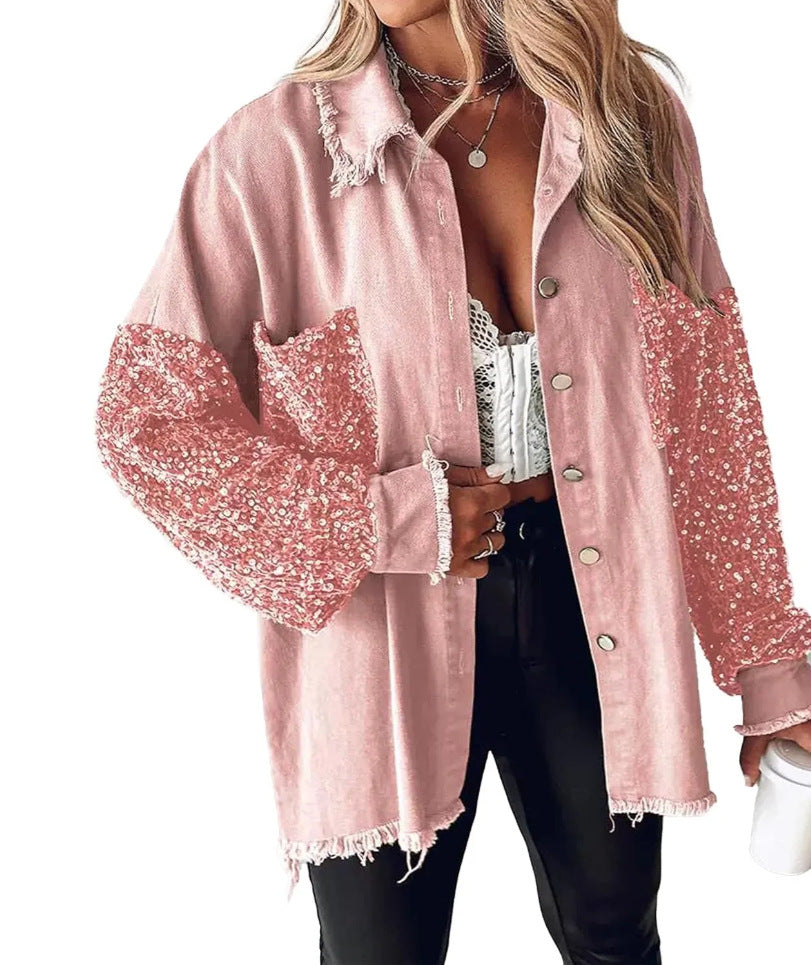 Sequin Sleeve Frayed Hem Denim Shacket - Pink