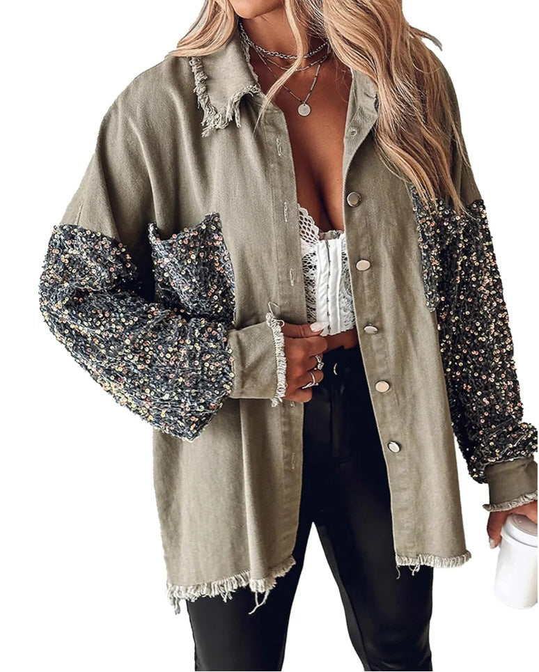 Sequin Sleeve Frayed Hem Denim Shacket - Sage
