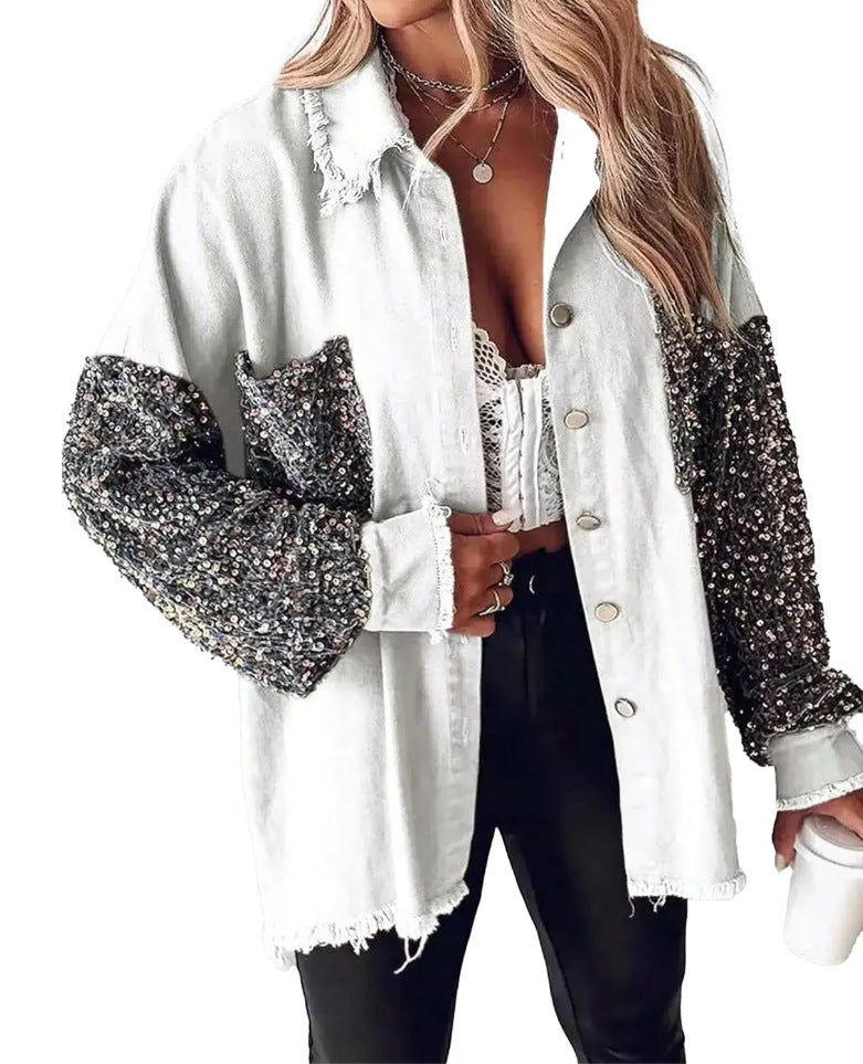 Sequin Sleeve Frayed Hem Denim Shacket - White