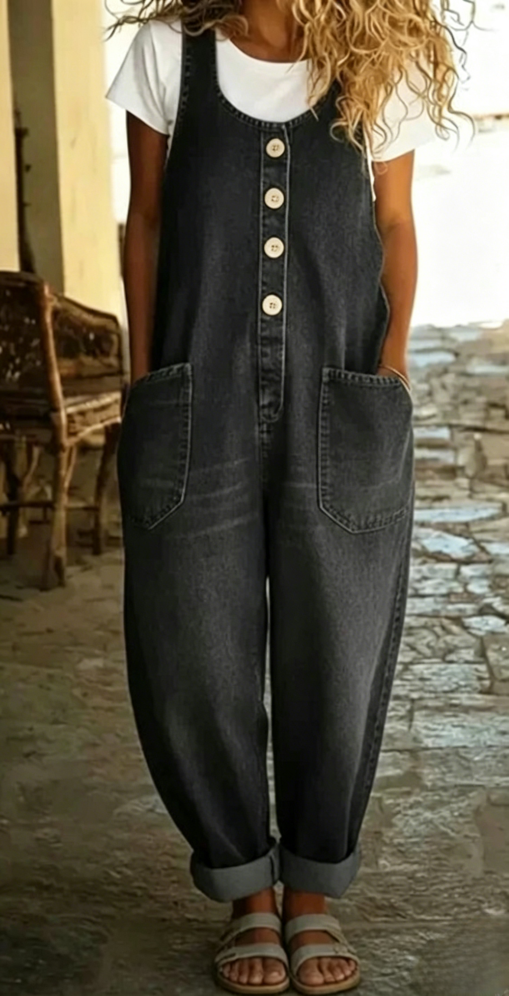 Slouchy Denim Overalls With Roomy Patch Pockets - Black