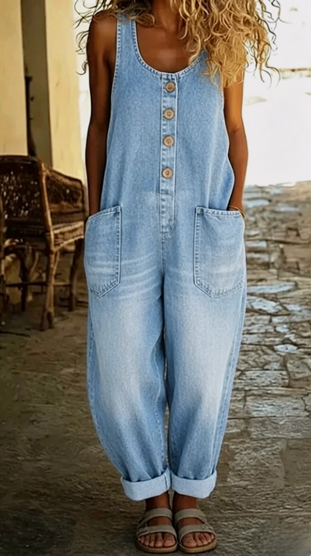 Slouchy Denim Overalls With Roomy Patch Pockets - Blue