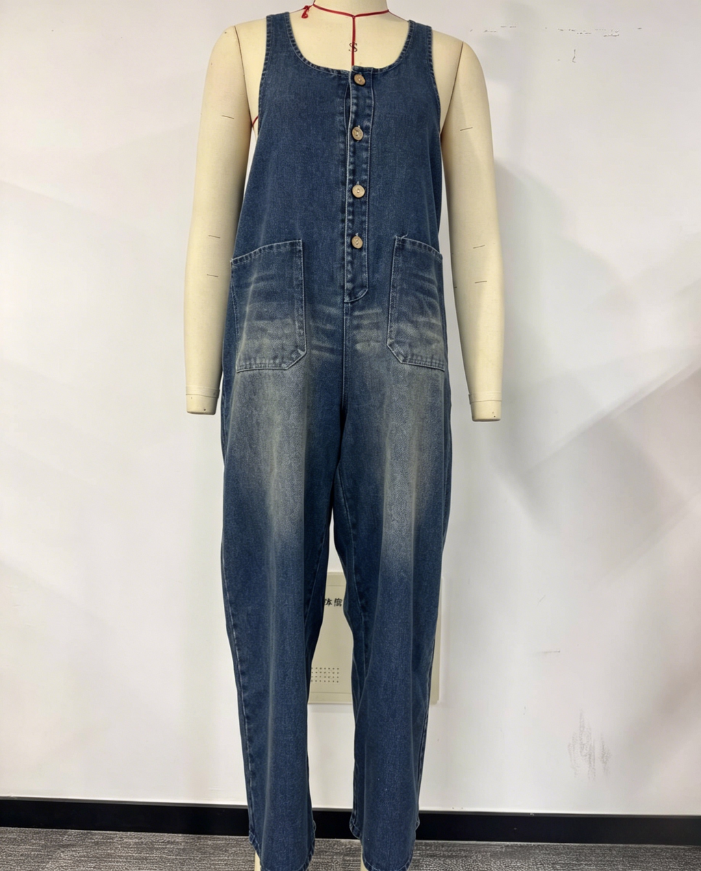 Slouchy Denim Overalls With Roomy Patch Pockets - DarkBlue
