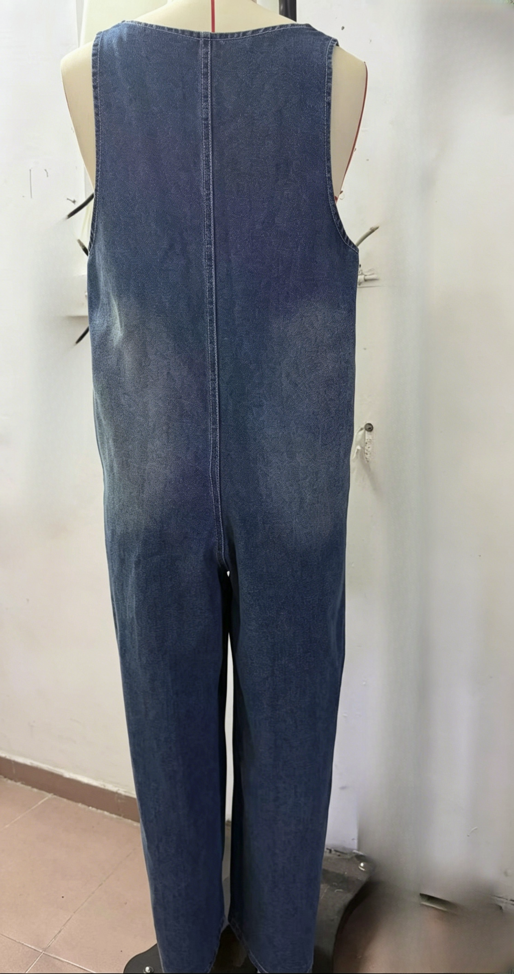 Slouchy Denim Overalls With Roomy Patch Pockets - DarkBlue - 1